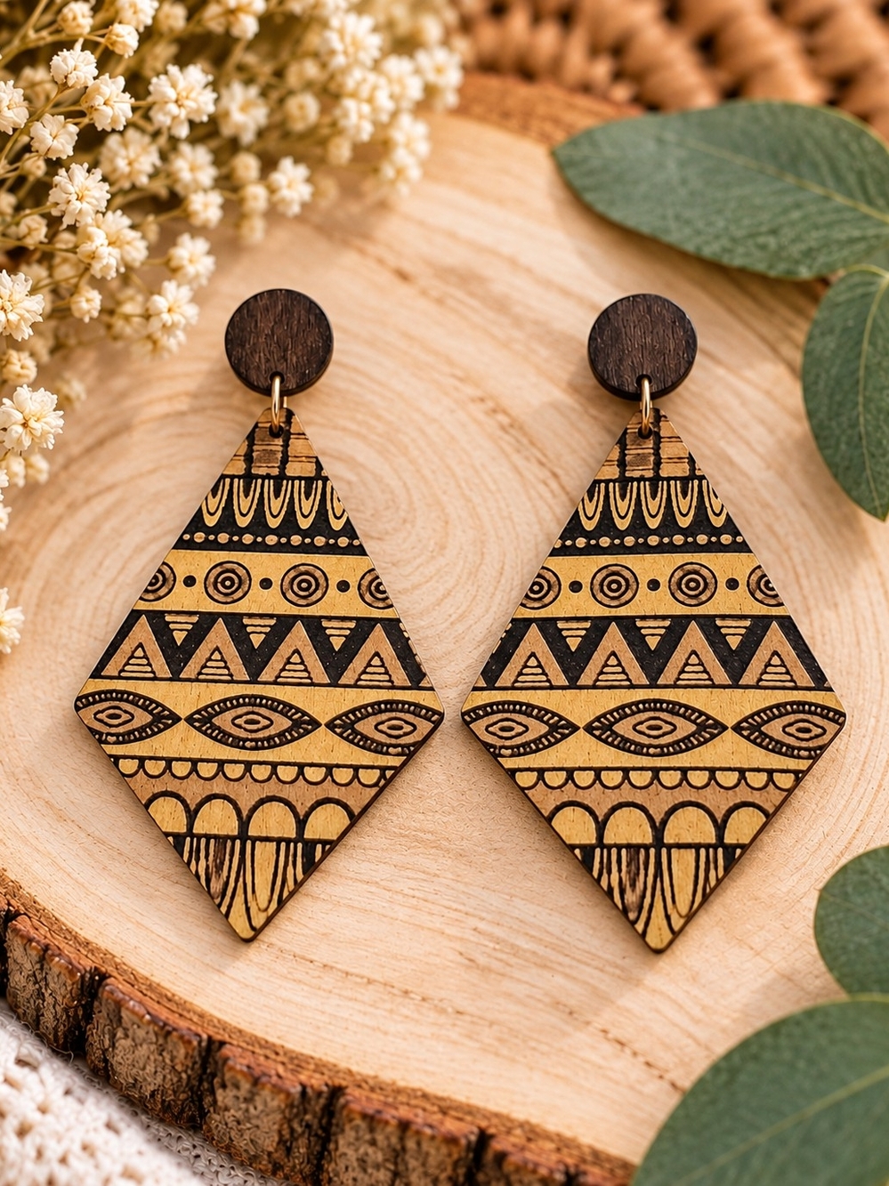 Lightweight Wooden Geometric Statement Earrings â Tribal Boho Design